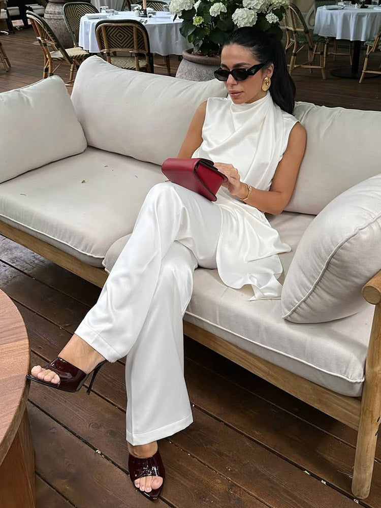 White Satin Draped Mock Neck Sleeveless Top Wide Leg Pants 2 Piece Matching Set