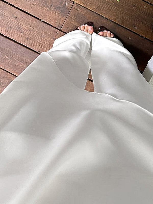 White Satin Draped Mock Neck Sleeveless Top Wide Leg Pants 2 Piece Matching Set