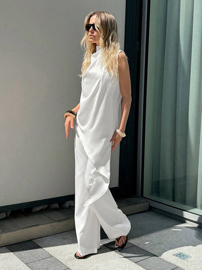 White Satin Draped Mock Neck Sleeveless Top Wide Leg Pants 2 Piece Matching Set