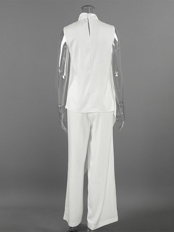 White Satin Draped Mock Neck Sleeveless Top Wide Leg Pants 2 Piece Matching Set