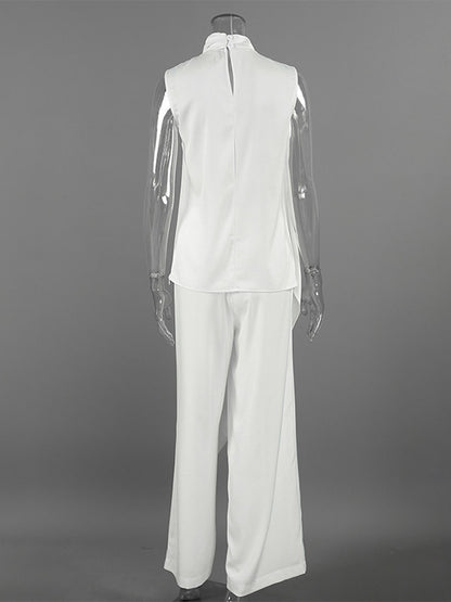 White Satin Draped Mock Neck Sleeveless Top Wide Leg Pants 2 Piece Matching Set