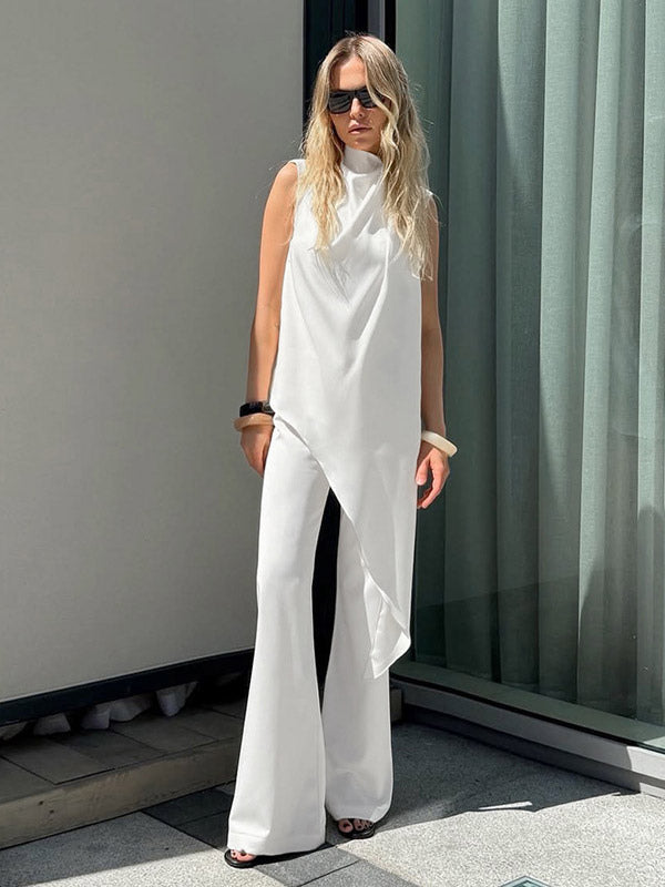 White Satin Draped Mock Neck Sleeveless Top Wide Leg Pants 2 Piece Matching Set