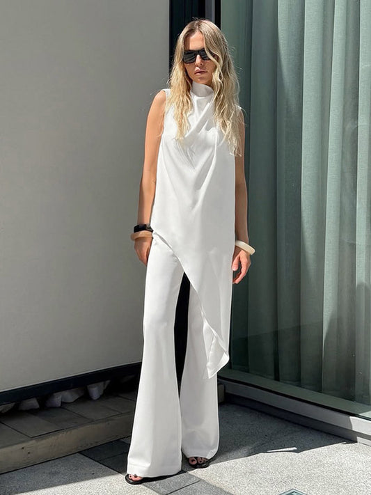 White Satin Draped Mock Neck Sleeveless Top Wide Leg Pants 2 Piece Matching Set