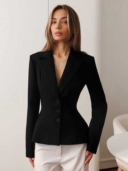 Women Peplum Waist Blazer Notched Lapel Single Breasted Fitted Office Suit Jacket