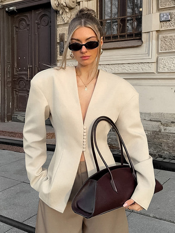 Women Sleeveless Collarless V Neck Peplum Blazer Single Row Pearl Button Fitted Jacket