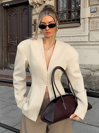 Women Sleeveless Collarless V Neck Peplum Blazer Single Row Pearl Button Fitted Jacket