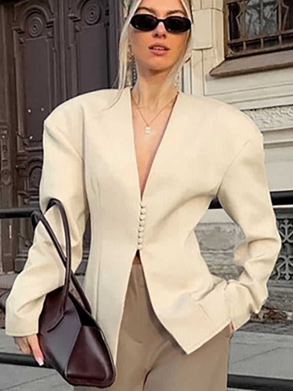Women Sleeveless Collarless V Neck Peplum Blazer Single Row Pearl Button Fitted Jacket