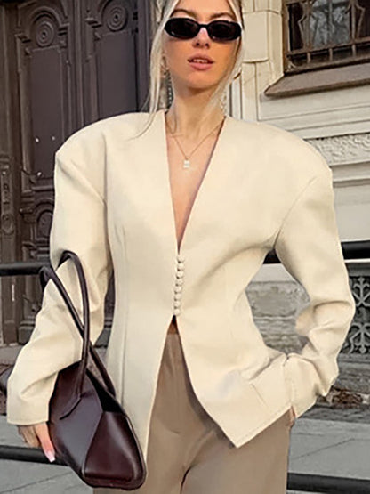 Women Sleeveless Collarless V Neck Peplum Blazer Single Row Pearl Button Fitted Jacket