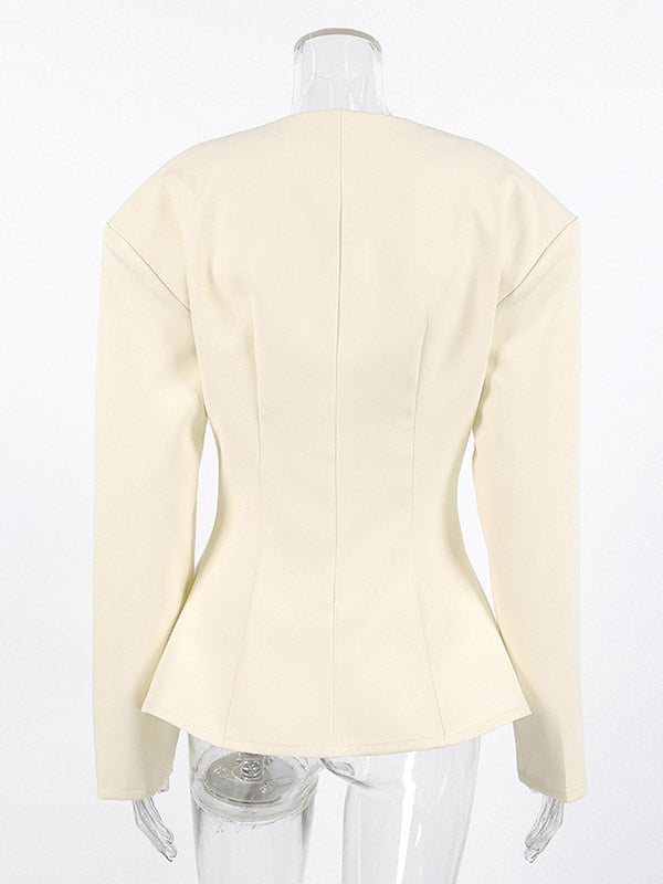 Women Sleeveless Collarless V Neck Peplum Blazer Single Row Pearl Button Fitted Jacket
