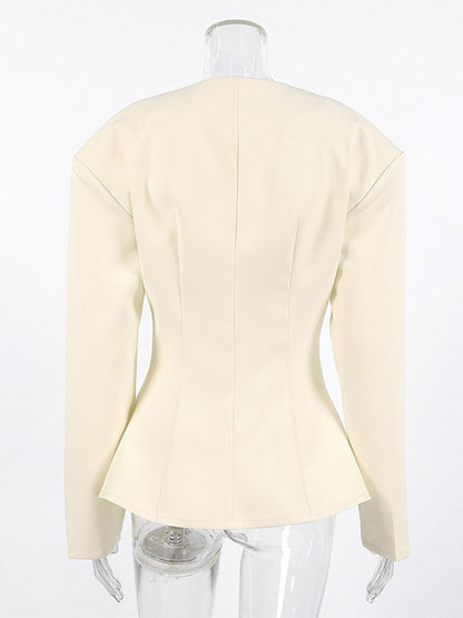 Women Sleeveless Collarless V Neck Peplum Blazer Single Row Pearl Button Fitted Jacket