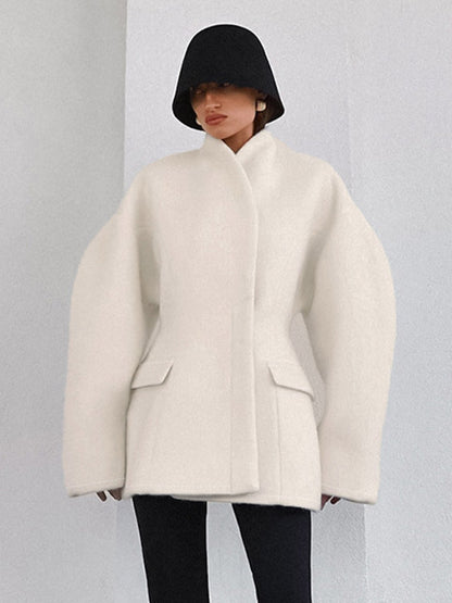 Women Stand Collar Batwing Oversleeve Cinched Waist Wool Blend Peplum Coat