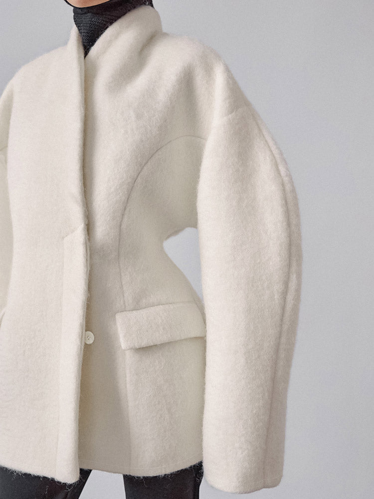 Women Stand Collar Batwing Oversleeve Cinched Waist Wool Blend Peplum Coat