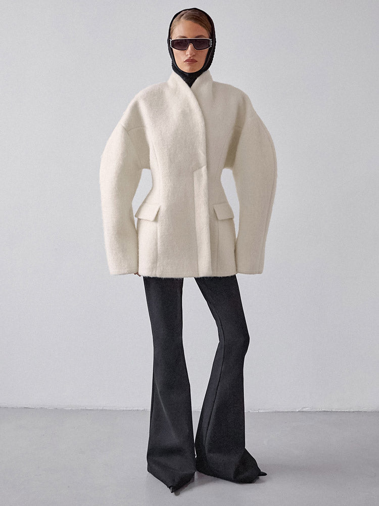 Women Stand Collar Batwing Oversleeve Cinched Waist Wool Blend Peplum Coat
