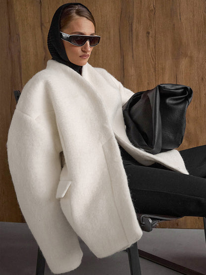 Women Stand Collar Batwing Oversleeve Cinched Waist Wool Blend Peplum Coat