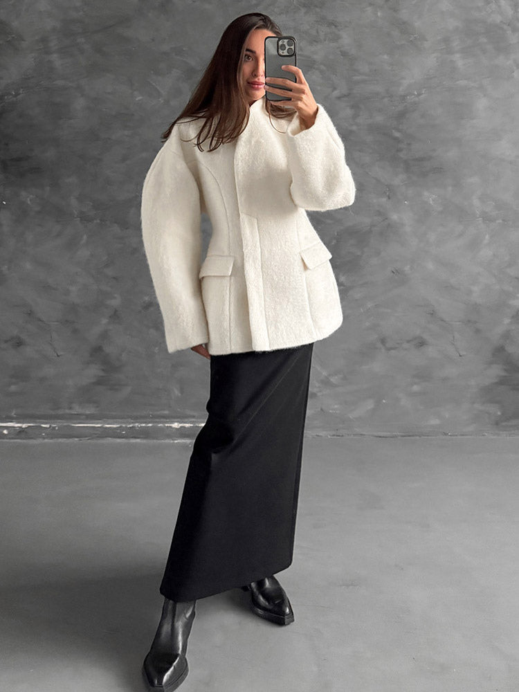 Women Stand Collar Batwing Oversleeve Cinched Waist Wool Blend Peplum Coat