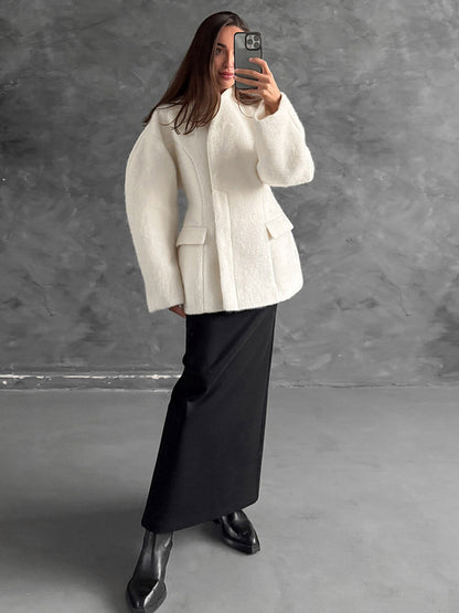 Women Stand Collar Batwing Oversleeve Cinched Waist Wool Blend Peplum Coat