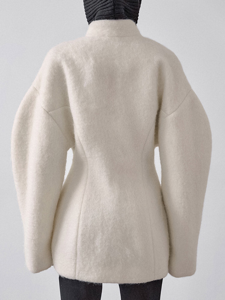 Women Stand Collar Batwing Oversleeve Cinched Waist Wool Blend Peplum Coat