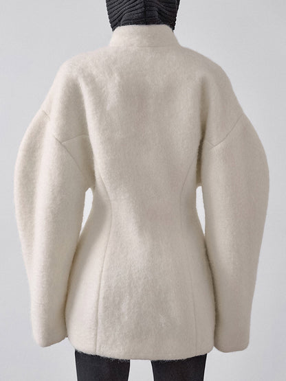 Women Stand Collar Batwing Oversleeve Cinched Waist Wool Blend Peplum Coat