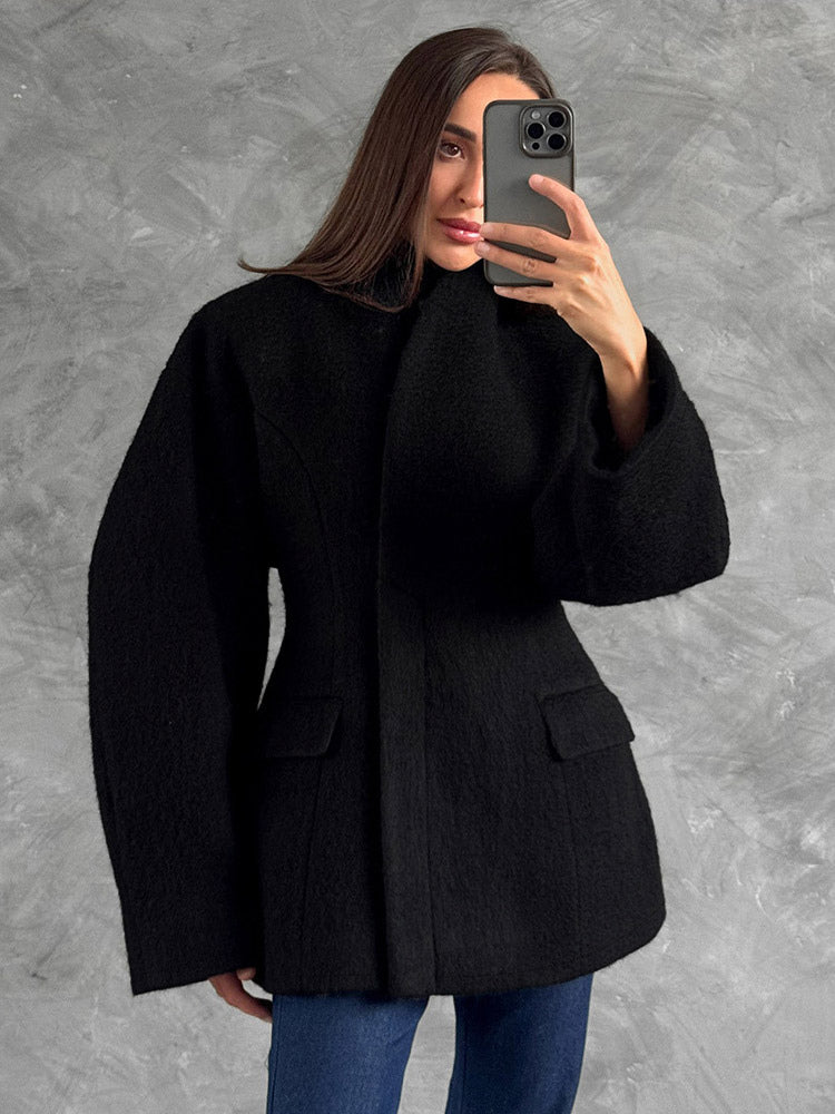 Women Stand Collar Batwing Oversleeve Cinched Waist Wool Blend Peplum Coat