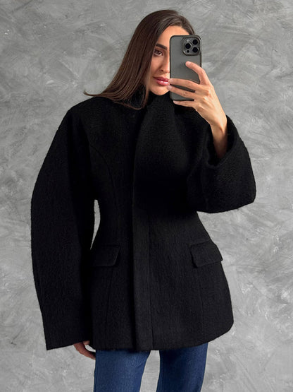 Women Stand Collar Batwing Oversleeve Cinched Waist Wool Blend Peplum Coat
