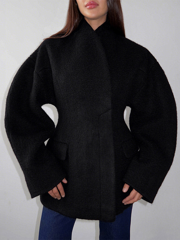Women Stand Collar Batwing Oversleeve Cinched Waist Wool Blend Peplum Coat