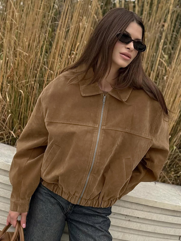 Women Vintage Suede Collar Zip Bomber Jacket Elastic Cuff Hem Cropped Coat