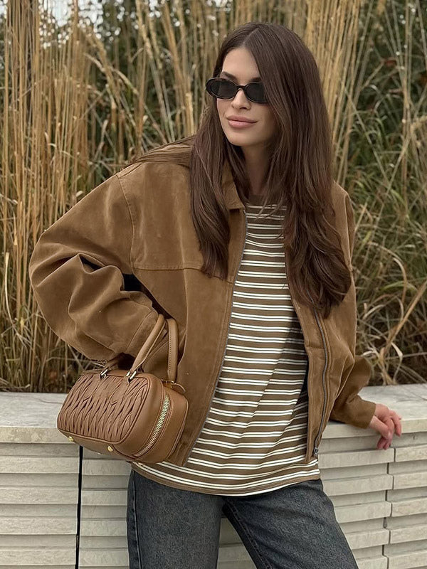 Women Vintage Suede Collar Zip Bomber Jacket Elastic Cuff Hem Cropped Coat