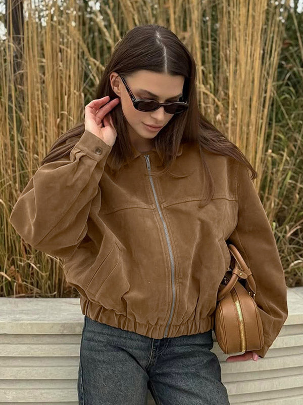 Women Vintage Suede Collar Zip Bomber Jacket Elastic Cuff Hem Cropped Coat