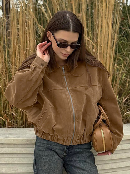 Women Vintage Suede Collar Zip Bomber Jacket Elastic Cuff Hem Cropped Coat