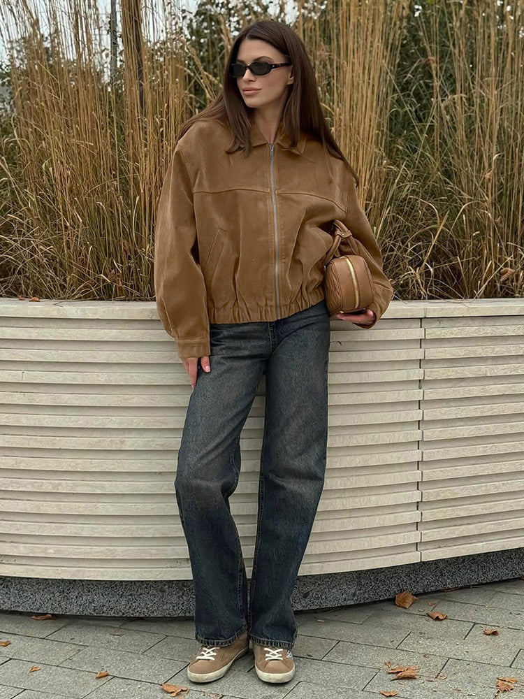 Women Vintage Suede Collar Zip Bomber Jacket Elastic Cuff Hem Cropped Coat