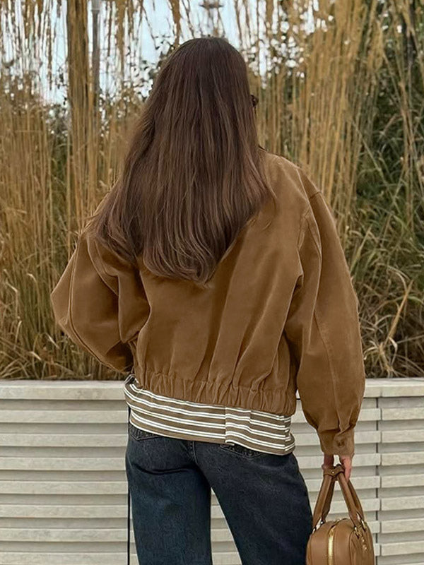 Women Vintage Suede Collar Zip Bomber Jacket Elastic Cuff Hem Cropped Coat