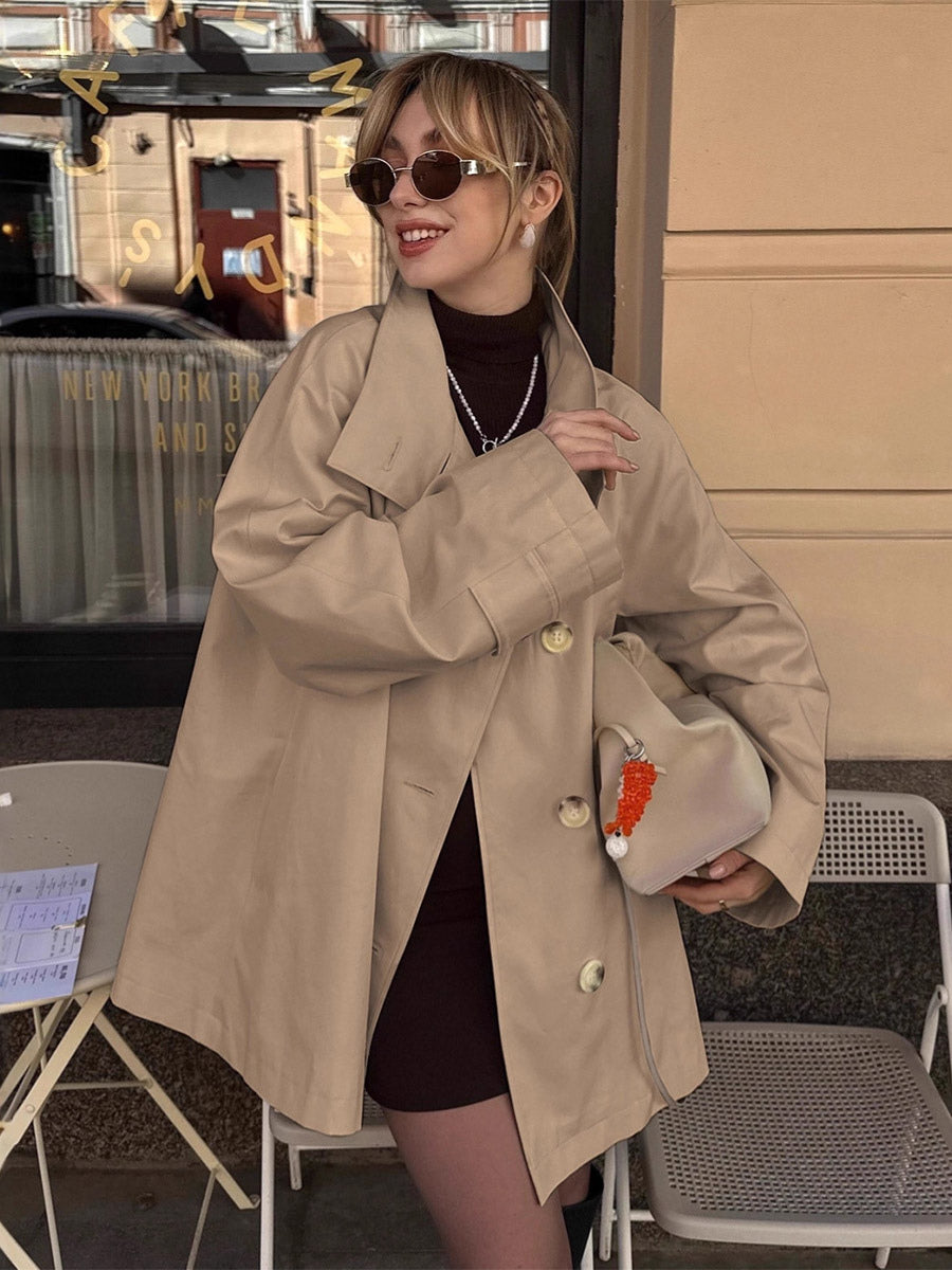 Women Oversized Lapel Double Breasted Mid Length Loose Trench Coat Jacket