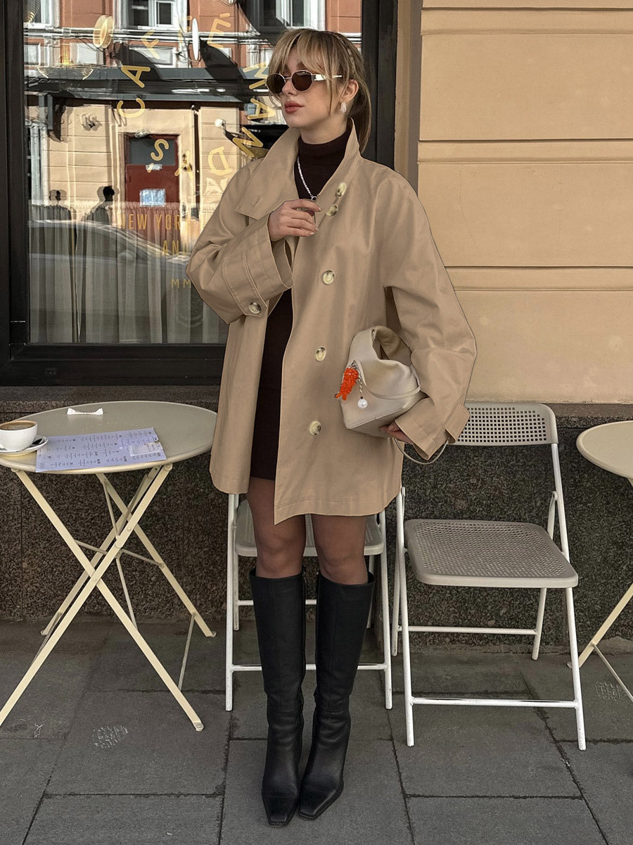 Women Oversized Lapel Double Breasted Mid Length Loose Trench Coat Jacket