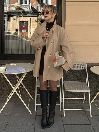Women Oversized Lapel Double Breasted Mid Length Loose Trench Coat Jacket