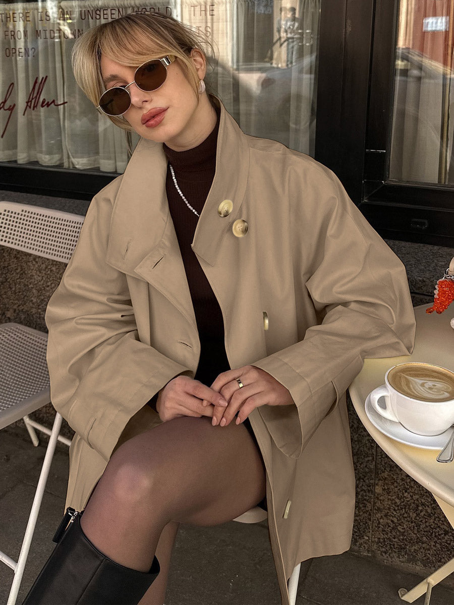 Women Oversized Lapel Double Breasted Mid Length Loose Trench Coat Jacket