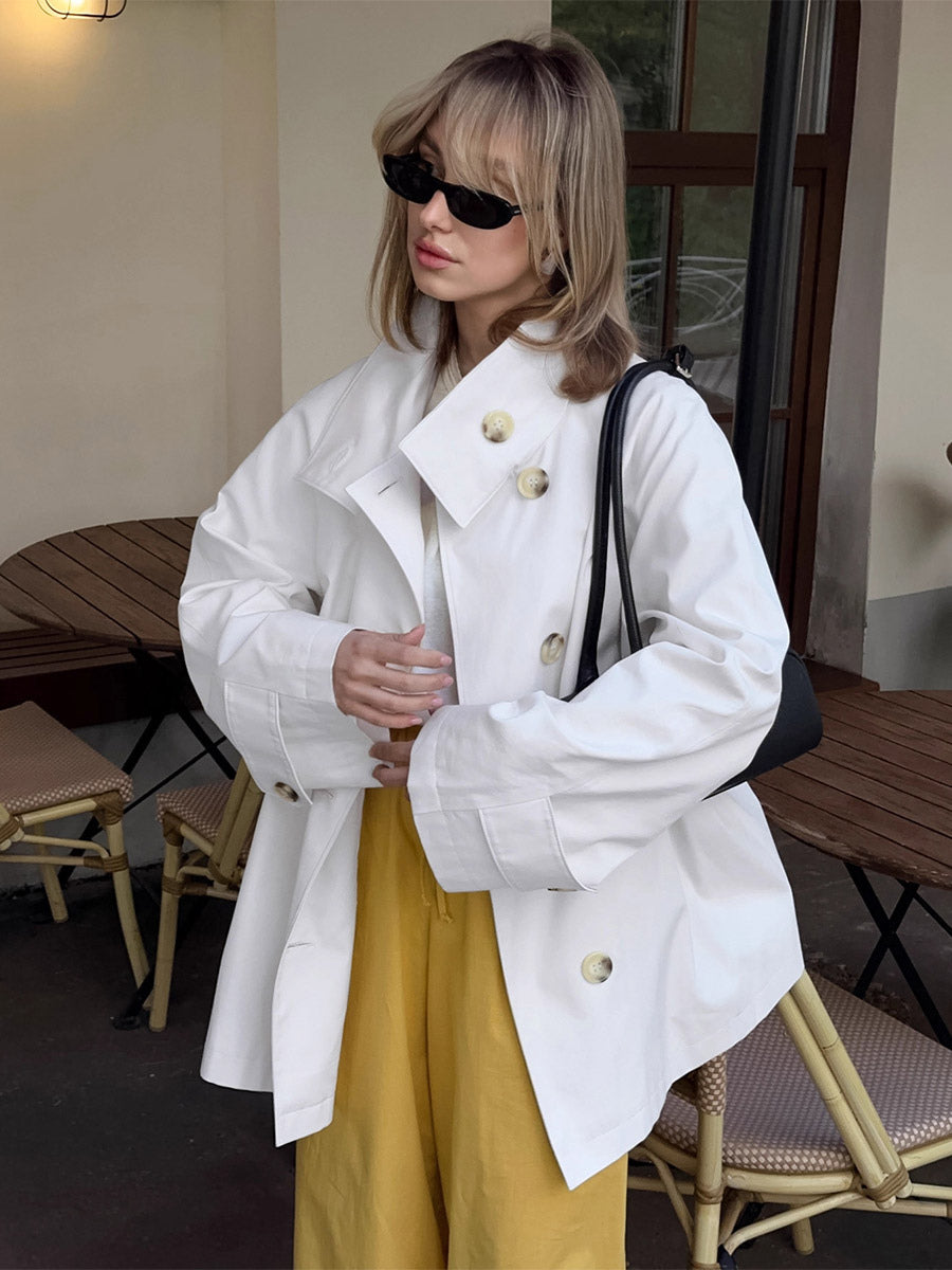 Women Oversized Lapel Double Breasted Mid Length Loose Trench Coat Jacket