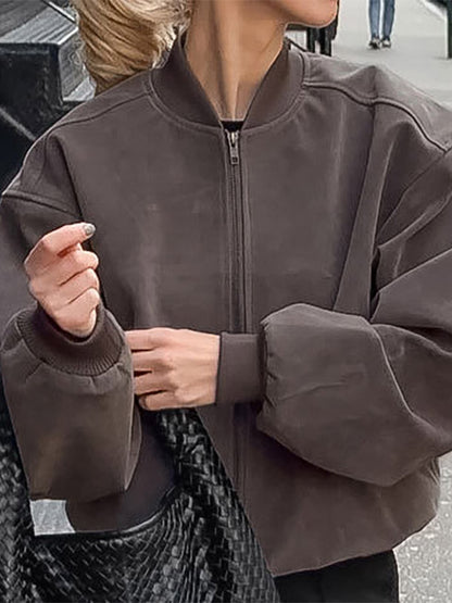 Women Faux Suede Stand Collar Zip Up Oversized Cropped Bomber Jacket