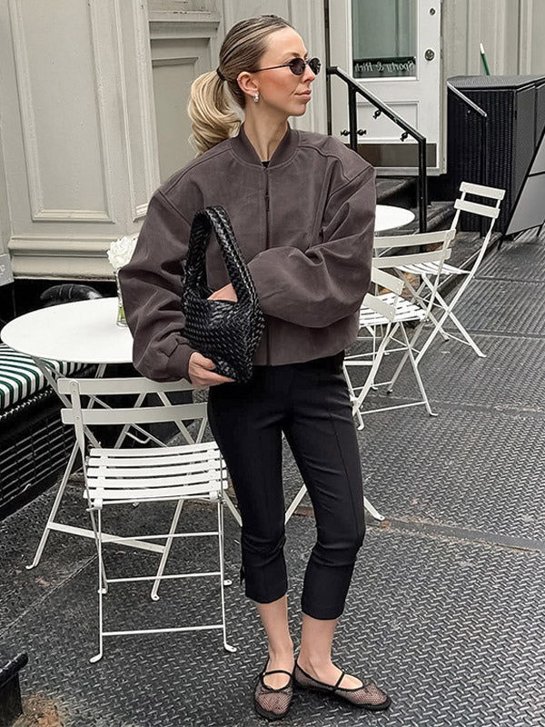 Women Faux Suede Stand Collar Zip Up Oversized Cropped Bomber Jacket
