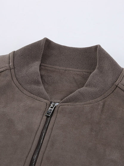 Women Faux Suede Stand Collar Zip Up Oversized Cropped Bomber Jacket