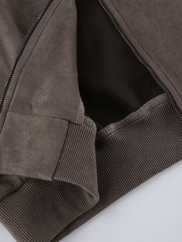 Women Faux Suede Stand Collar Zip Up Oversized Cropped Bomber Jacket