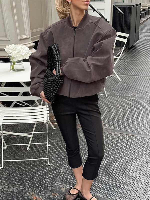 Women Faux Suede Stand Collar Zip Up Oversized Cropped Bomber Jacket