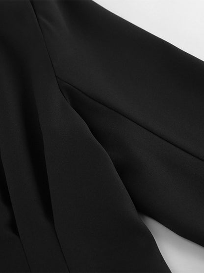 Women Collarless V Neck Cinched Waist Pleated Single Breasted Blazer Jacket