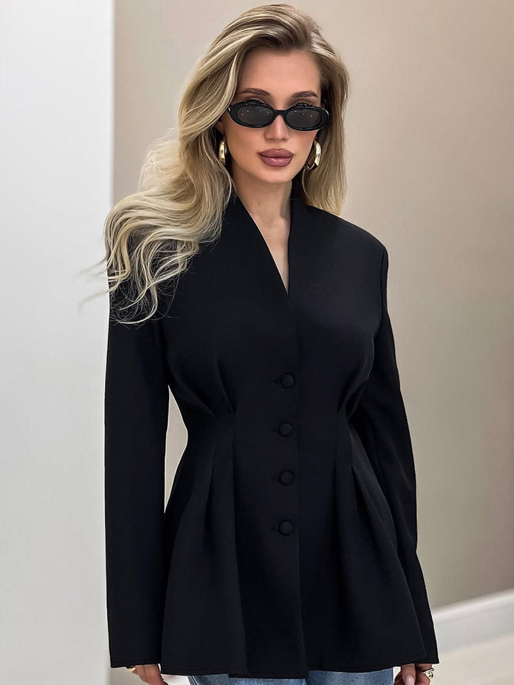 Women Collarless V Neck Cinched Waist Pleated Single Breasted Blazer Jacket
