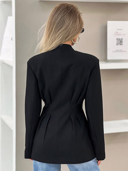 Women Collarless V Neck Cinched Waist Pleated Single Breasted Blazer Jacket