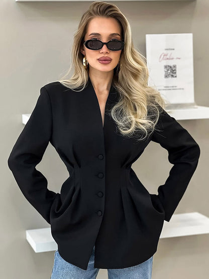 Women Collarless V Neck Cinched Waist Pleated Single Breasted Blazer Jacket