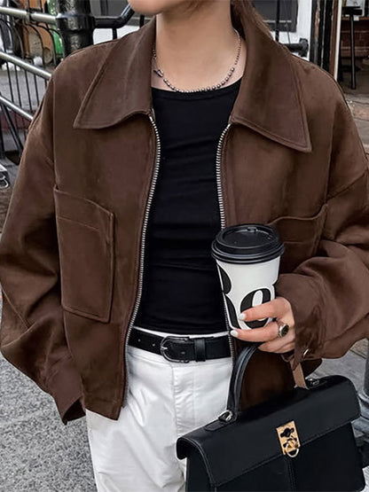 Women Lapel Zip Up Patch Pocket Oversized Cropped Faux Suede Jacket