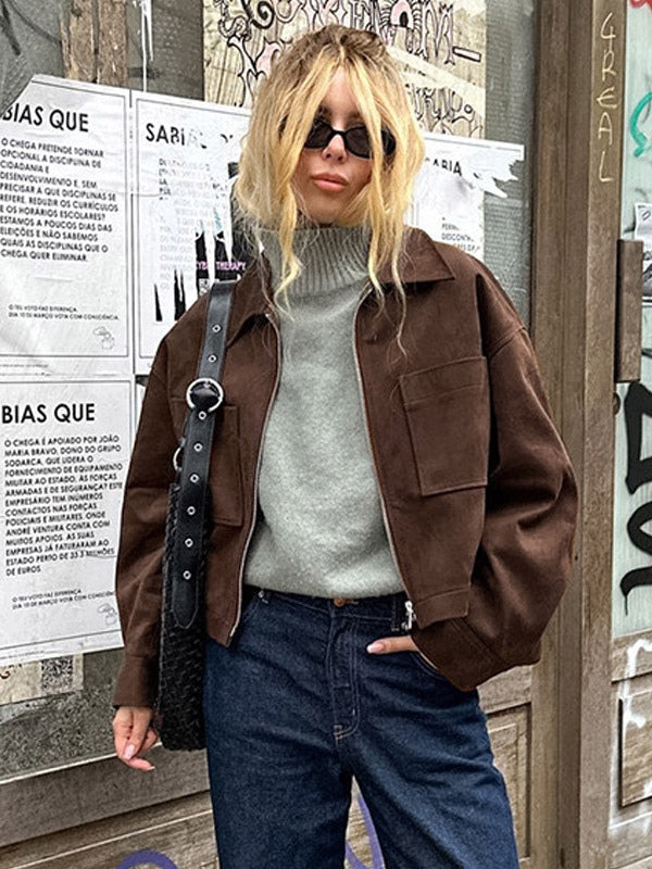 Women Lapel Zip Up Patch Pocket Oversized Cropped Faux Suede Jacket