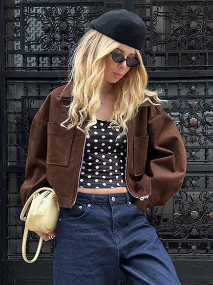 Women Lapel Zip Up Patch Pocket Oversized Cropped Faux Suede Jacket