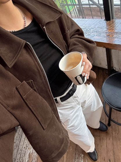 Women Lapel Zip Up Patch Pocket Oversized Cropped Faux Suede Jacket
