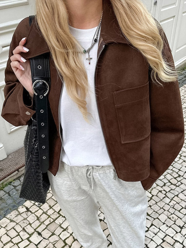 Women Lapel Zip Up Patch Pocket Oversized Cropped Faux Suede Jacket